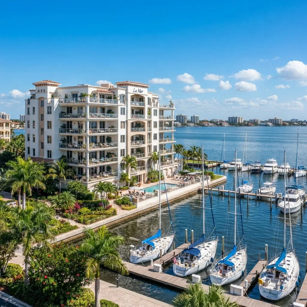 Mid-rise waterfront condominium in Park Shore, Naples, Florida overlooking Venetian Bay