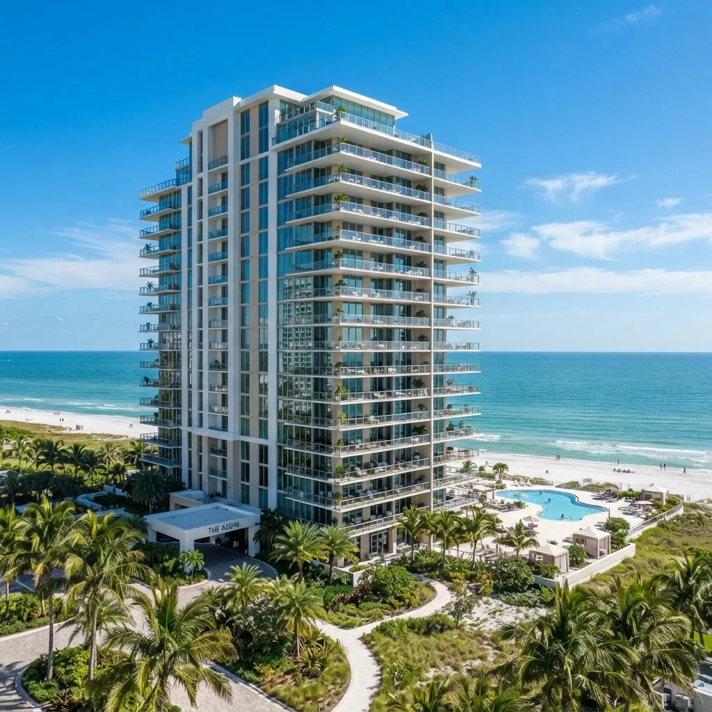 Luxury beachfront high-rise condominium tower in Pelican Bay, Naples, Florida