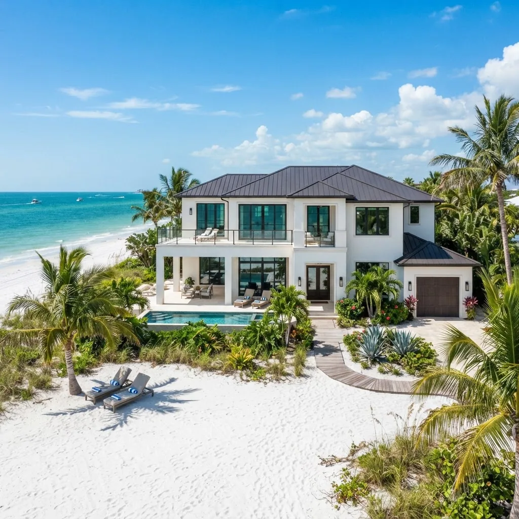 Beachfront single-family home on Marco Island, Florida with white stucco exterior and palm trees
