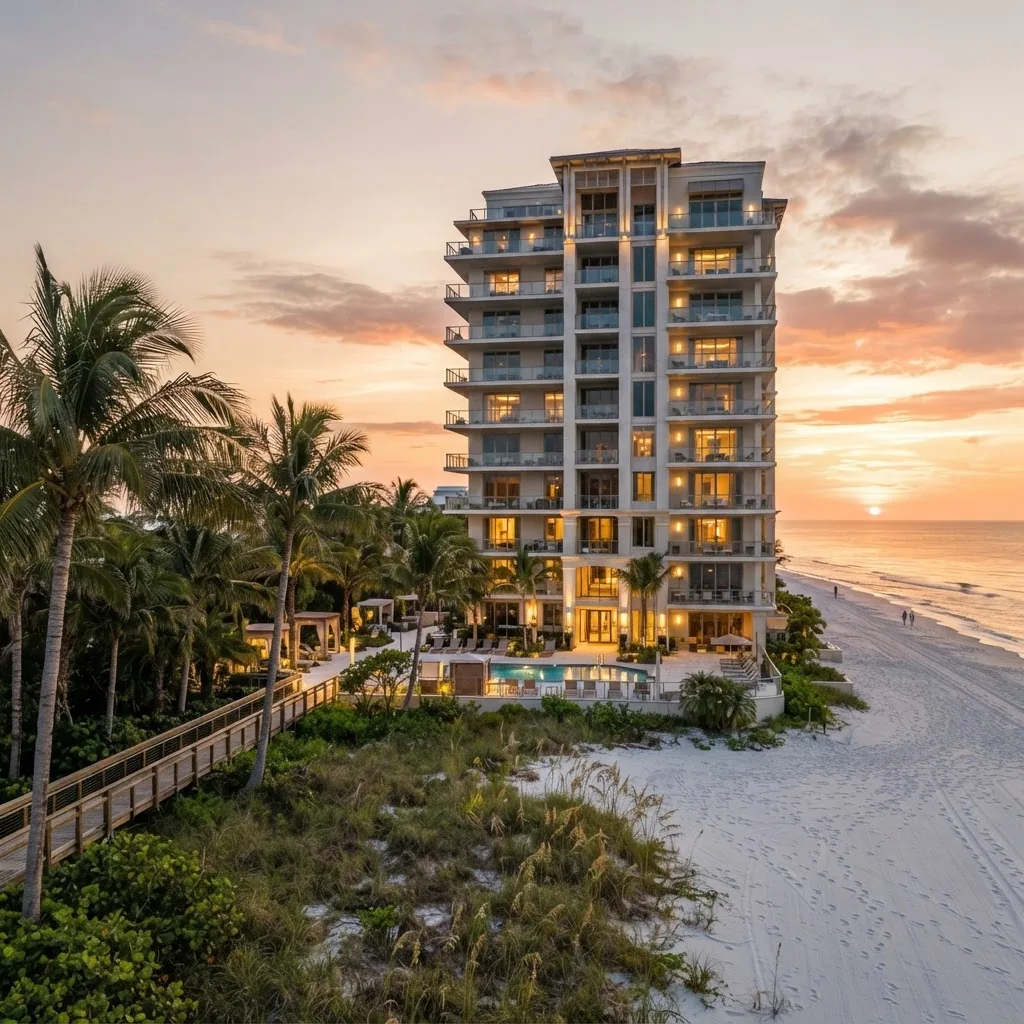 Beachfront condominium tower on Vanderbilt Beach, Naples, Florida at sunrise